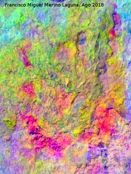 Pinturas rupestres del Abrigo de Mingo L�pez I - Pinturas rupestres del Abrigo de Mingo L�pez I. Figura en U. Tratada con Dstretch